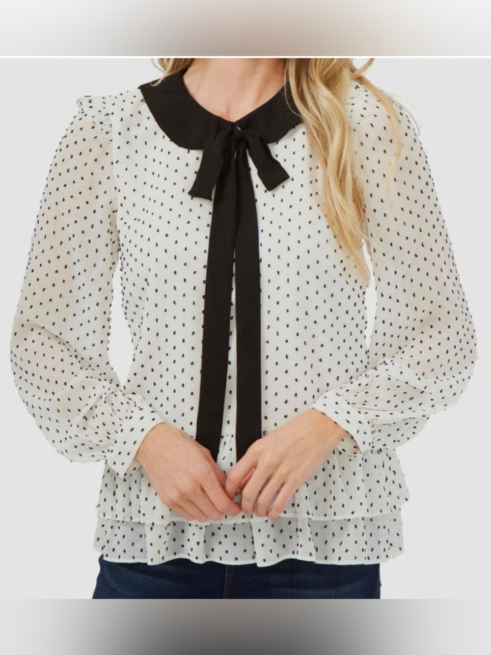 CeCe brand white blouse black polka dot pattern contrasting black tie Size XS